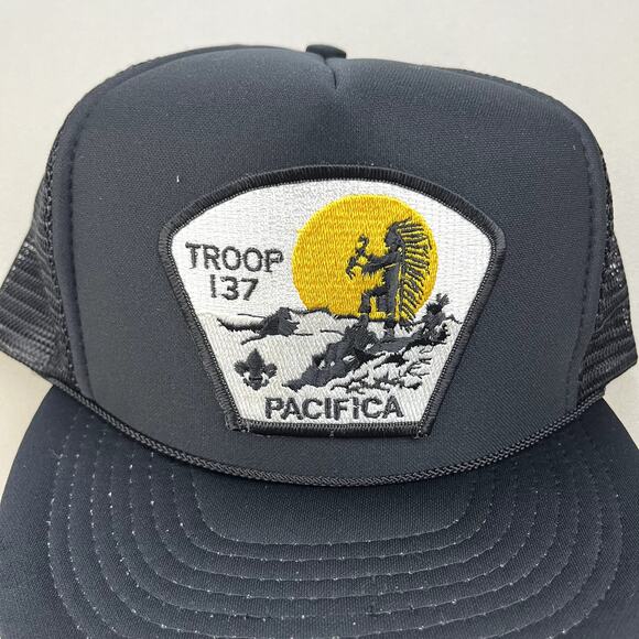 Vintage Boy Scouts Of America Hat Cap Snapback Trucker Black Troop 137 Pacifica - Picture 3 of 6